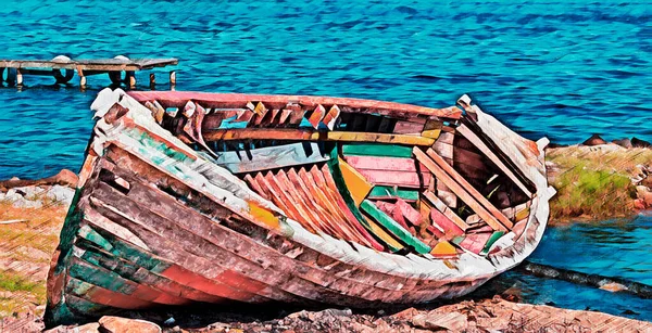 Dipinto Una Vecchia Barca Parcheggiata Sulla Costa Lago — Foto Stock