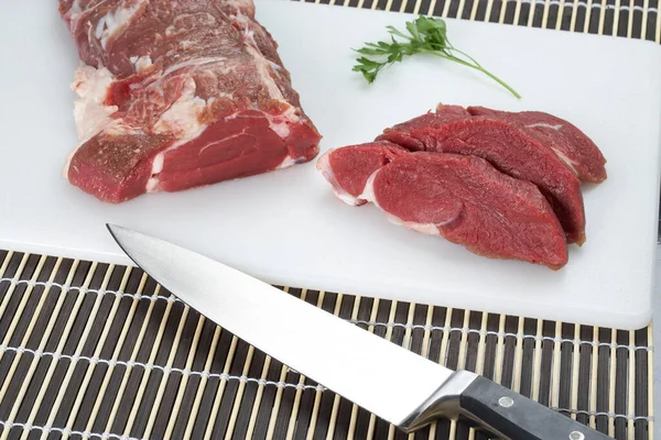 Knife Gridiron Next White Tray Cut Raw Beef Tenderloin Stock Image