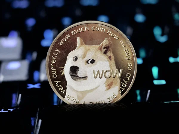 Gros Plan Une Crypto Monnaie Dogecoin Mis Sur Clavier Rvb — Photo