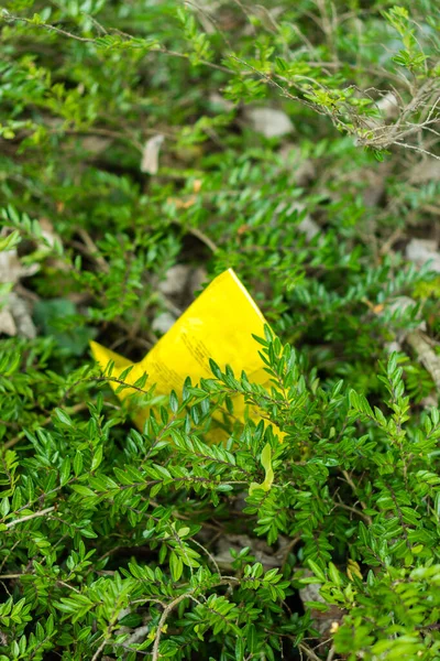Pionowe Ujęcie Żółtego Kawałka Papieru Trawie — Zdjęcie stockowe