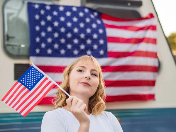 Blonde Caucasian Female Posing Flag — Stock Photo, Image