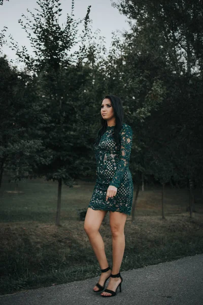 Vertical Shot Young Brunette Female Posing Turquoise Lace Evening Dress — стоковое фото