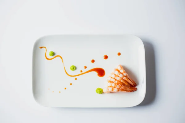 Top View Delicious Japanese Shrimps Wasabi Soy Sauce Table — Stock Photo, Image