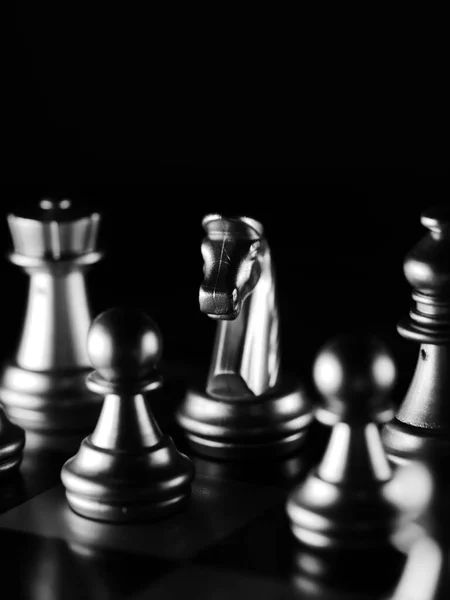 Dramatic Grayscale Shot Chess Figures Lit Darkness — Stock Photo, Image