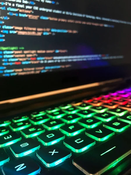 Closeup Shot Gaming Keyboard Rgb Lights Blurred Monitor — Stock Photo, Image