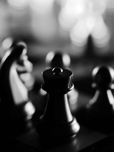 Dramatic Grayscale Shot Chess Figures Lit Darkness Blurred Background — Stock Photo, Image