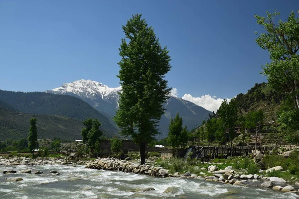 Primer Plano Paisaje Con Río Montaña Verde Día Despejado — Foto de Stock