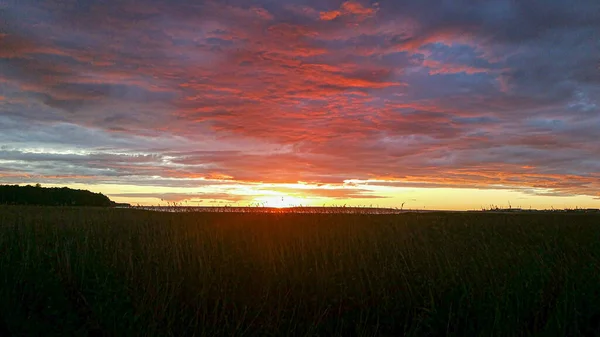 Bellissimo Tramonto Panoramico Sul Lago Con Erba Fresca Verde Primo — Foto Stock