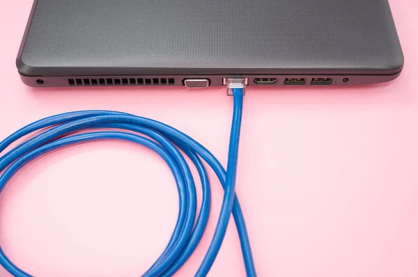 Közelkép Egy Lan Kábel Csatlakozik Egy Laptop Elszigetelt Rózsaszín Alapon — Stock Fotó