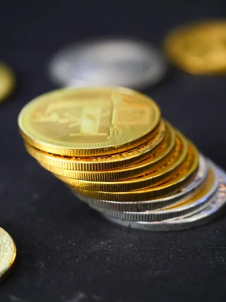 Stack Coin Cryptocurrencies Black Surface — Stock Photo, Image