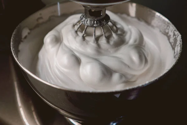 Selective Focus Shot Cooking Process Dough Metallic Bowl — Stock Photo, Image