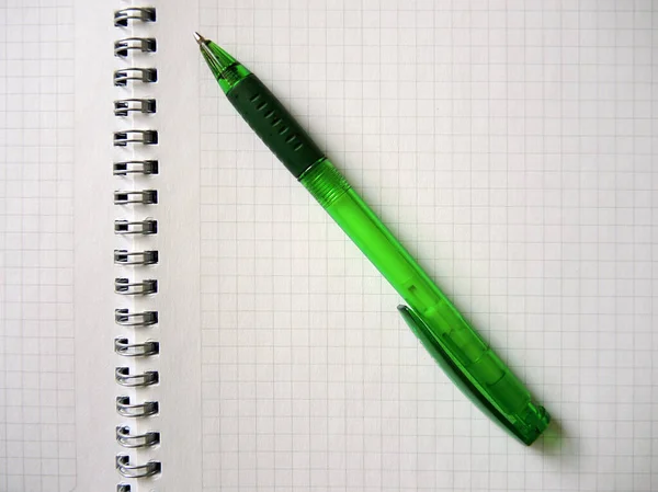 Une Vue Dessus Crayon Vert Sur Carnet Ouvert Spirale — Photo