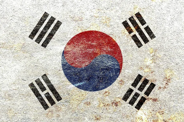 Faded Νότιας Κορέας Εθνική Σημαία Μοτίβο Σκουριασμένο Φόντο Τοίχο Σιδήρου — Φωτογραφία Αρχείου