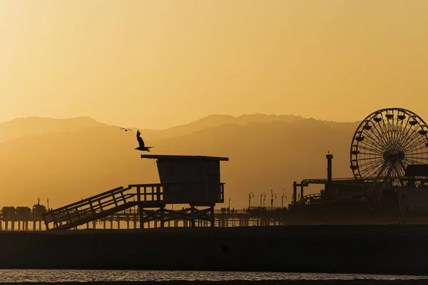 Dönme Dolabın Siluetinin Bir Manzarası Santa Monica State Beach Abd — Stok fotoğraf