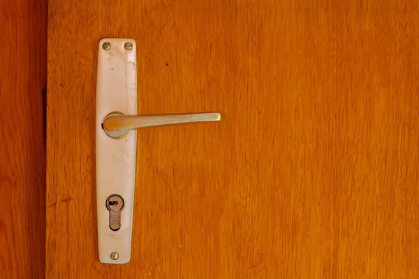 Closeup Metallic Handle Wooden Door — Stock Photo, Image