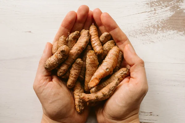 Hand Houden Kurkuma Wortel Houten Achtergrond Van Dichtbij Gezien Curcuma — Stockfoto