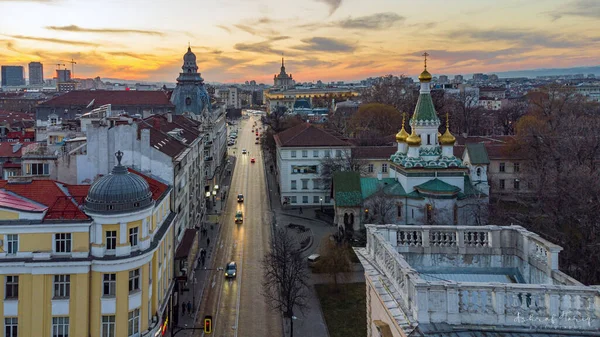 Una Toma Aérea Edificios Atardecer Sofía Bulgaria — Foto de Stock