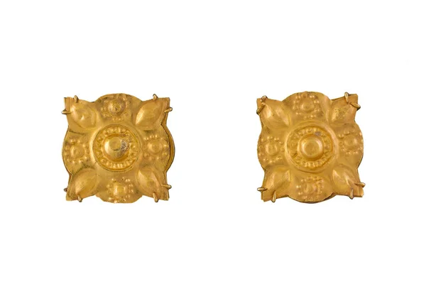 Closeup Ancient Gold Earrings Intricate Decorations White Background — Φωτογραφία Αρχείου