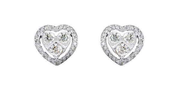 Closeup Pair Heart Shaped Earrings Diamonds Set Them White Background — Stock Photo, Image