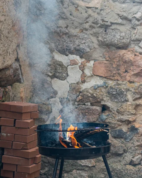 Een Verticaal Schot Van Een Brandstichter Met Brandend Brandhout Achtertuin — Stockfoto