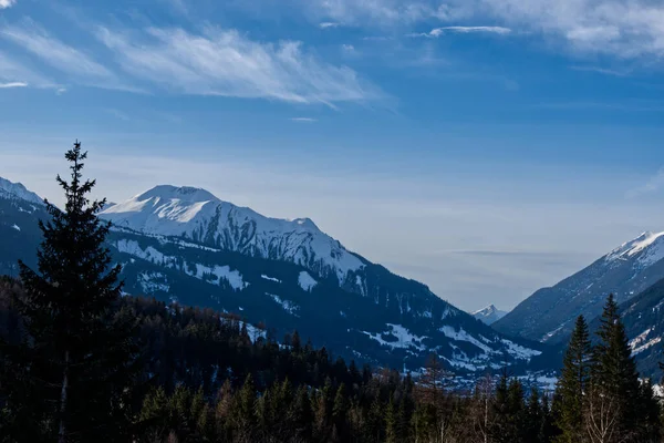 Красивый Снимок Заснеженных Гор Соснового Леса Австрийском Городе Альмзее — стоковое фото