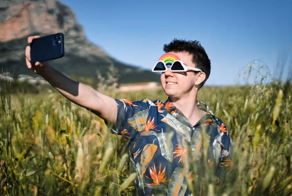 Hispanic Male Fancy Shirt Glasses Taking Selfie Tall Grass Field — Stock Photo, Image