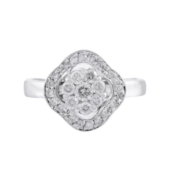 Egy Női Ezüst Gyémánt Gyűrű Közelsége Jegygyűrűként — Stock Fotó