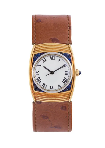 ローマ数字とブラウンレザーストラップと豪華な腕時計の垂直ショット — ストック写真