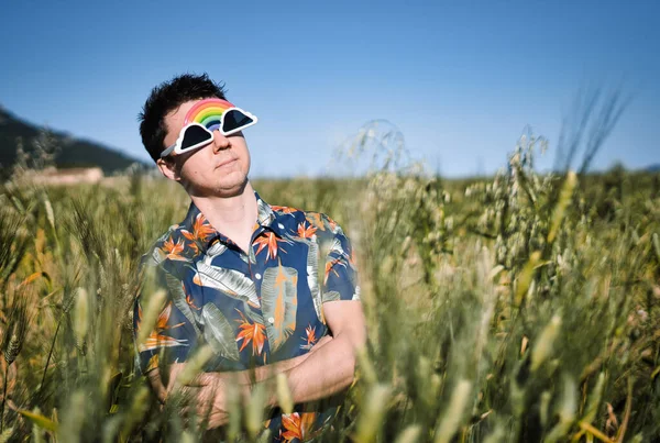 Young Hispanic Male Standing Field Hands Crossed — Stock Photo, Image