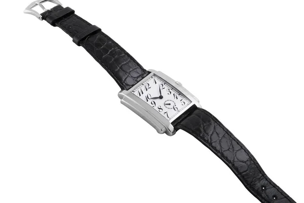 Moderno Reloj Pulsera Moda Con Correas Cuero Negro Sobre Fondo — Foto de Stock