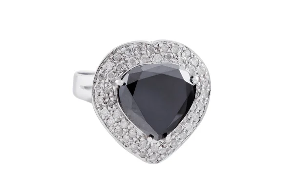 Egy Szív Alakú Ezüst Gyűrű Közelsége Benne Egy Nagy Fekete — Stock Fotó