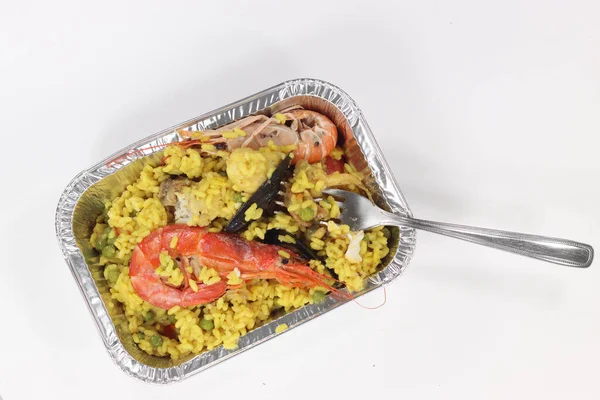 Paket Servis Menüsü Beyaz Bir Yüzey Üzerinde Paella Rosto — Stok fotoğraf