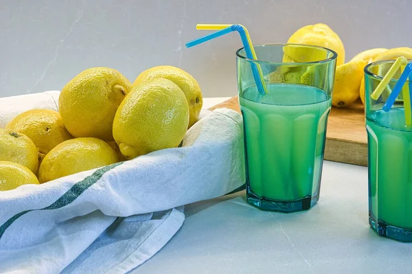Two Glasses Fresh Lemon Juice Straws — Stock Photo, Image