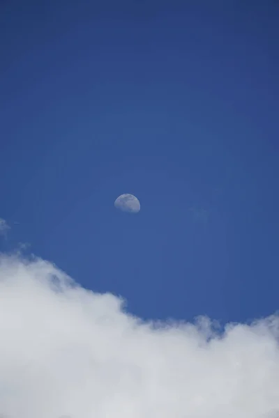 Paisaje Tranquilo Luna Sobre Las Nubes Cúmulos Hinchados Cielo Azul — Foto de Stock