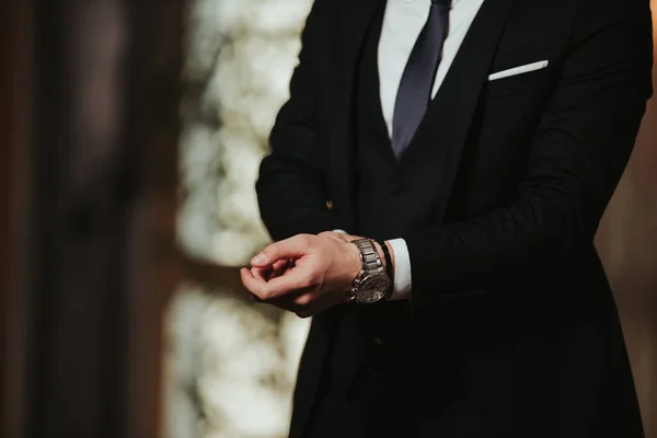 Closeup Shot Businessman Putting Watch — Stock Photo, Image