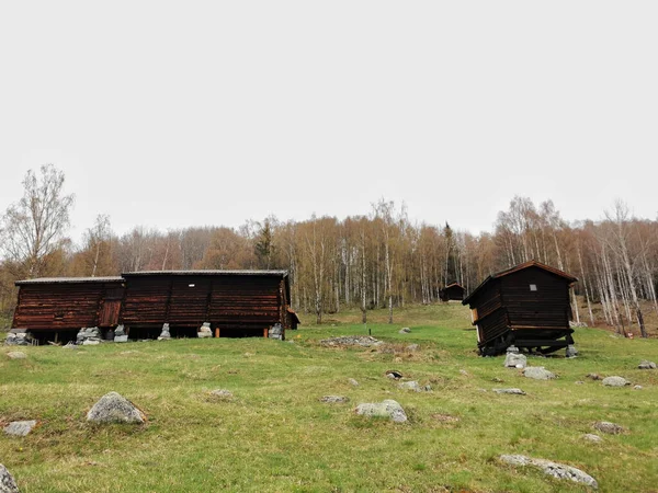 山に囲まれたノルウェーのウヴダルの畑の真ん中にある美しい木造住宅 — ストック写真