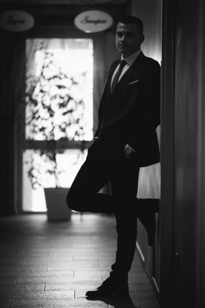 Young Man Elegant Black Suit Tie Posing — Stock Photo, Image