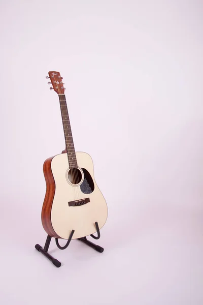 Tiro Vertical Uma Guitarra Suporte Fundo Branco — Fotografia de Stock