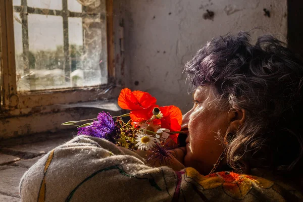 一位年长的蓝头发女子坐在窗边 开着美丽的花 — 图库照片