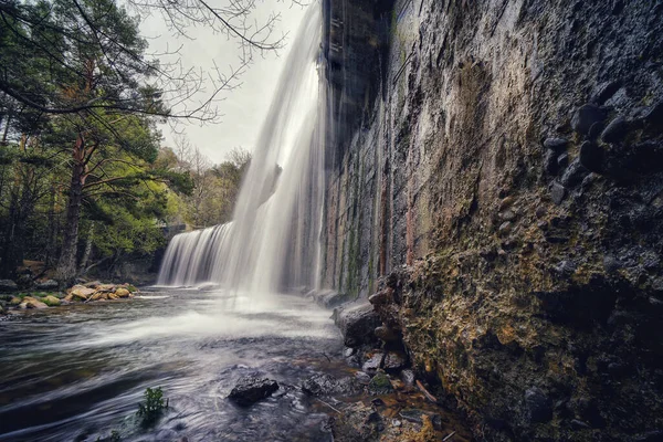 Tiro Ângulo Baixo Uma Bela Cachoeira Perto Das Árvores Meio — Fotografia de Stock