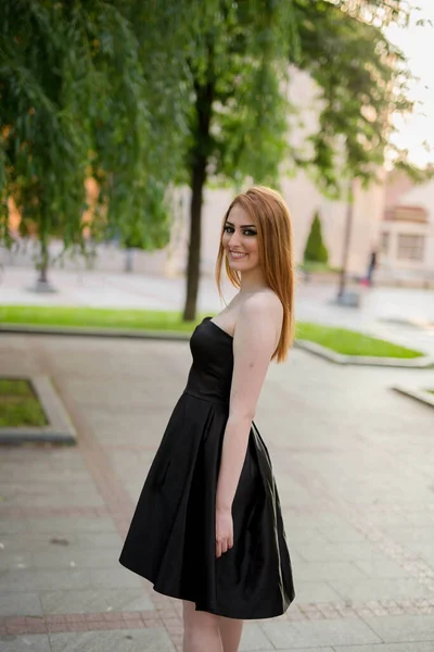 Young Attractive Woman Black Dress Posing Green Park — 스톡 사진