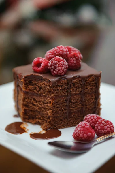 Вертикальний Знімок Шоколадного Торта Малиновими Прикрасами Поданими Білій Тарілці — стокове фото