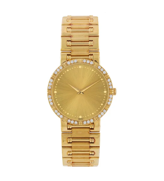 Nahaufnahme Einer Modernen Goldenen Armbanduhr Auf Weißem Hintergrund — Stockfoto