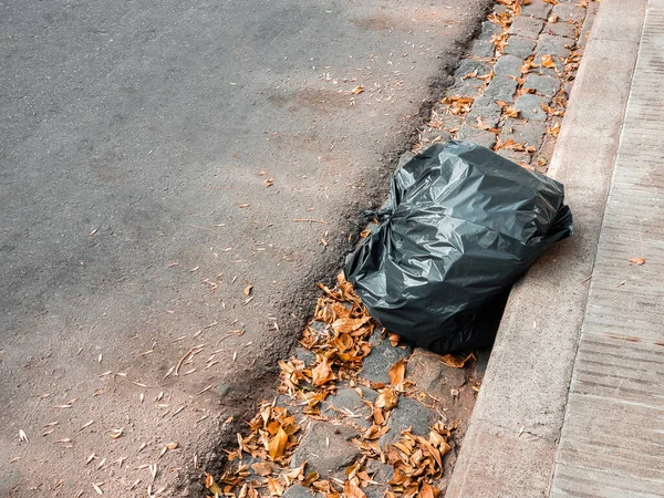 Una Bolsa Basura Negra Colocada Una Esquina Calle Rodeada Hojas — Foto de Stock