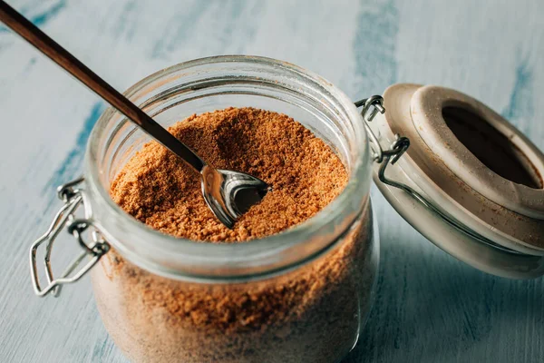 Panela Cukr Pozadí Zavřít Pohled Surový Třtinový Cukr Sklenici Organické — Stock fotografie