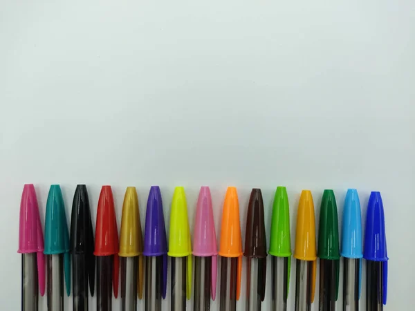 Overhead Shot Bunch Colorful Pens Isolated Background — Stock Photo, Image