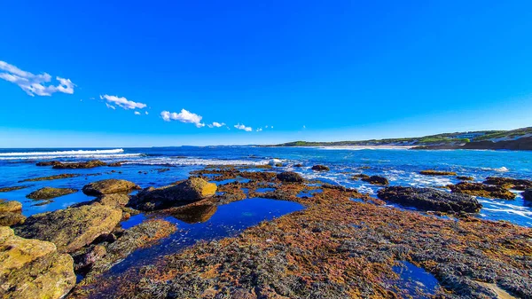 Plano Gran Angular Una Costa Rocosa Bajo Cielo Azul Claro — Foto de Stock