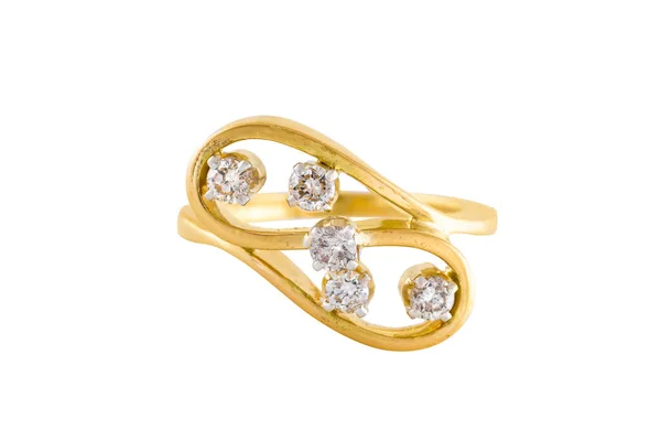 Anel Feminino Dourado Com Diamantes Isolados Fundo Branco — Fotografia de Stock