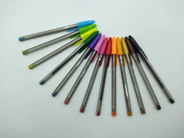 Overhead Shot Bunch Colorful Pens Isolated Background — Stock Photo, Image