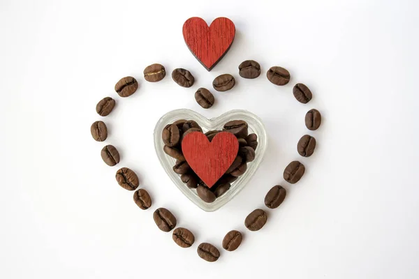 Top View Shot Wooden Red Hearts Coffee Beans Isolated White — Stock Photo, Image